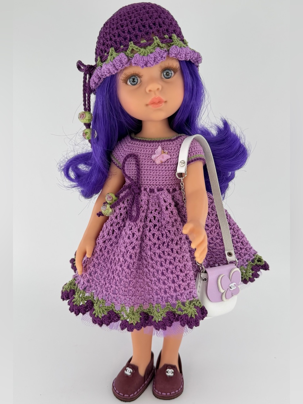 Handmade Purple Crochet Doll Dress, Hat & Purse Set